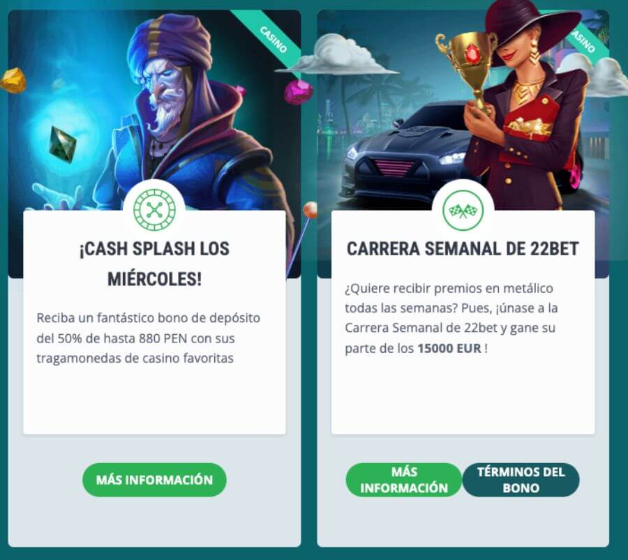 Promociones y torneos del casino online 22Bet Perú