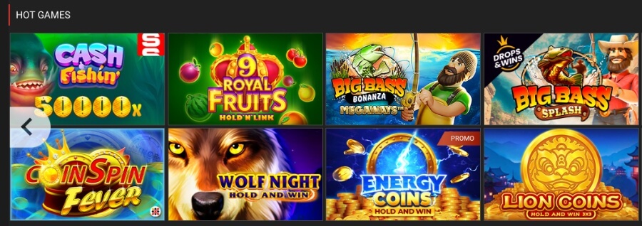Juegos populares disponibles en la sección juegos de Megapari Casino: Cash Fishin, 9 Royal Fruits, Big Bass Bonanza y muchos más