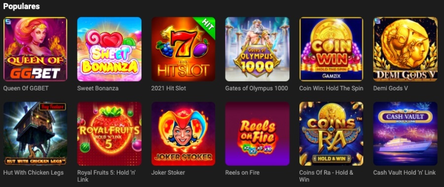 Juegos populares en el casino GGBet: Queen Of GGbet, Sweet Bonanza, Hit Slot y varios más